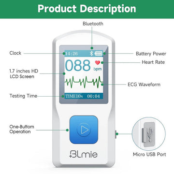 Blmie Bluetooth ECG Portable Mobile Monitor for Home & Office with PC Software & App, Personal ECG Monitor with Heart Rate Warning - Imported from UK